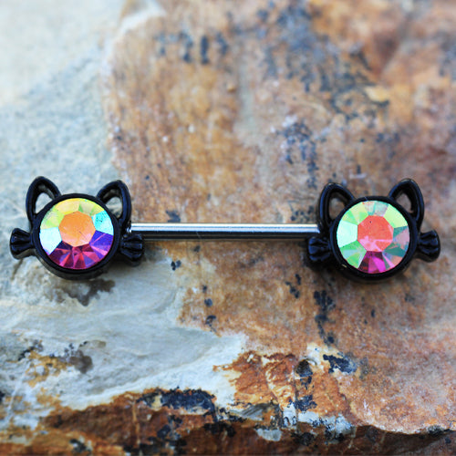 Black Cat with Aurora Borealis Crystals Nipple Barbells - 316L Surgical Steel - Pair