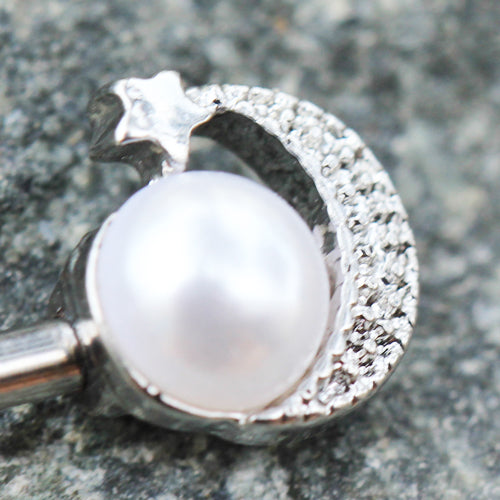Synthetic Pearl Moon and Star Nipple Barbells - 316L Stainless Steel - Pair