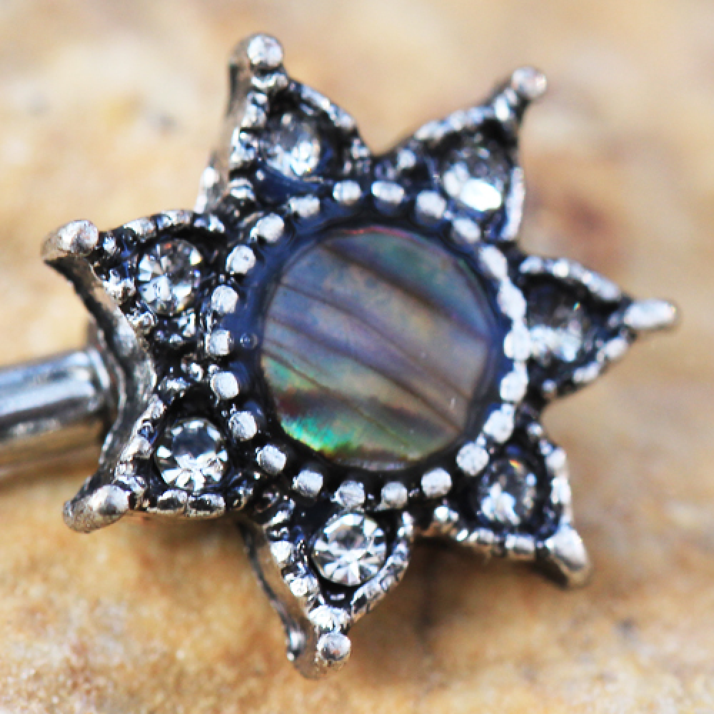 Natural Abalone Center CZ Crystal Star Nipple Barbells - Stainless Steel - Pair