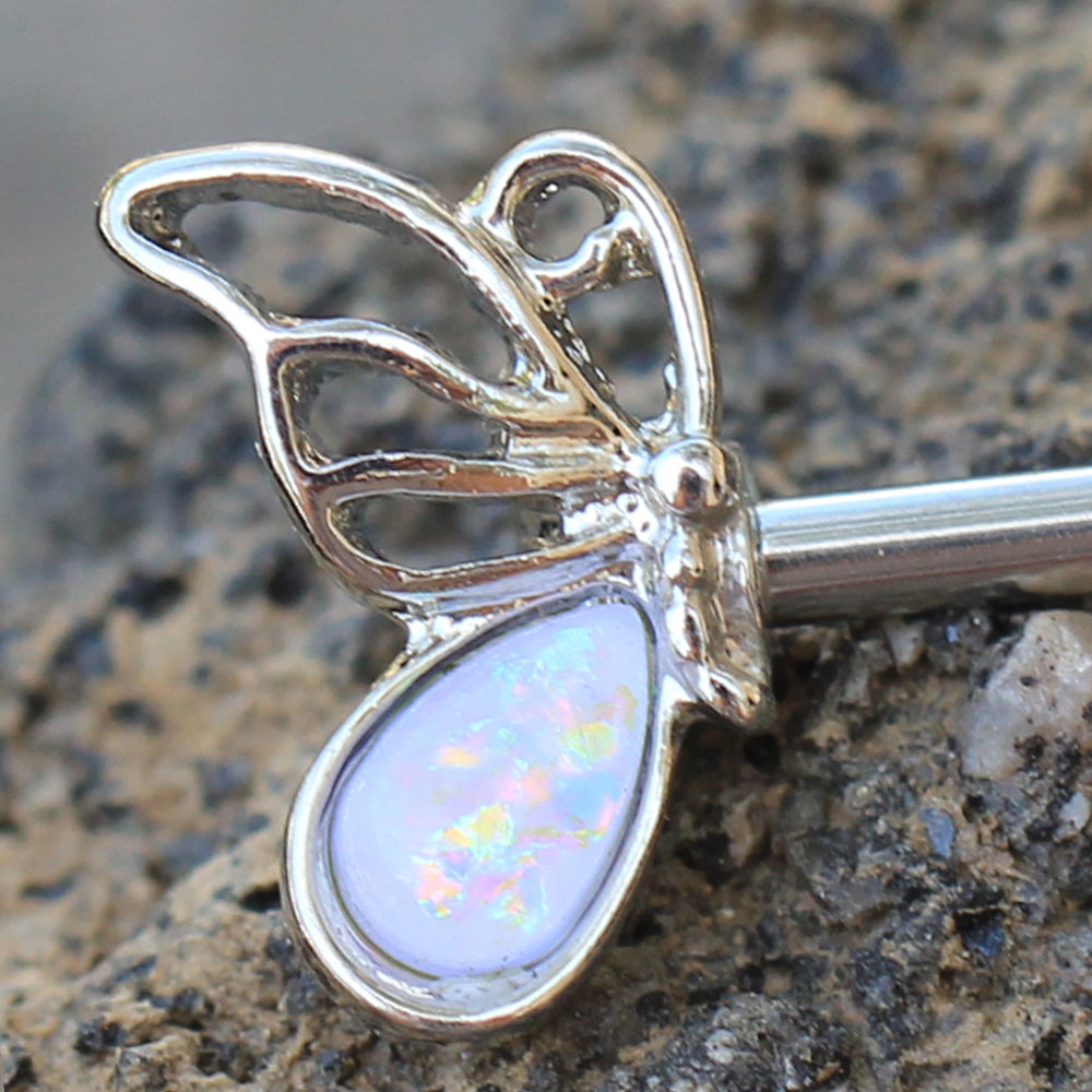 White Synthetic Opal Butterfly Barbell Nipple Rings - Stainless Steel - Pair