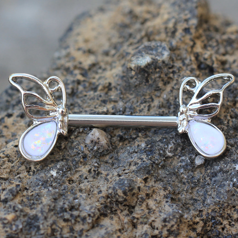 White Synthetic Opal Butterfly Barbell Nipple Rings - Stainless Steel - Pair