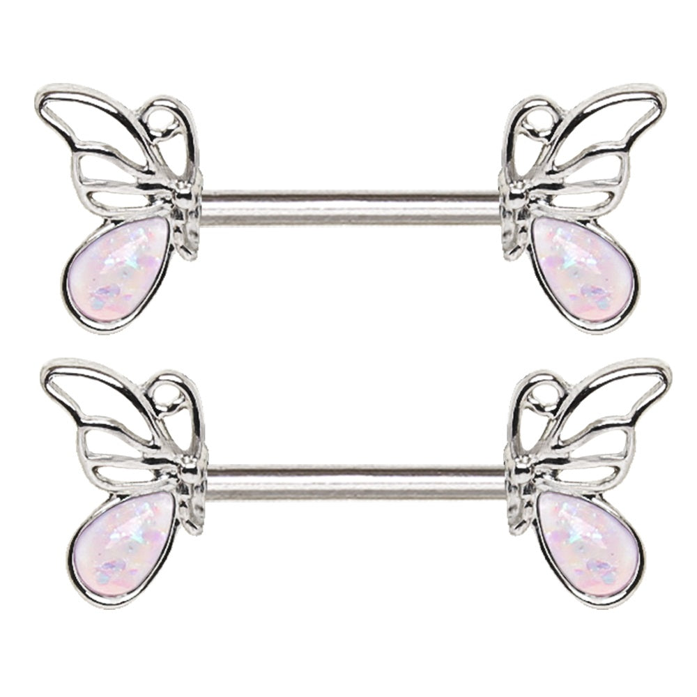 White Synthetic Opal Butterfly Barbell Nipple Rings - Stainless Steel - Pair