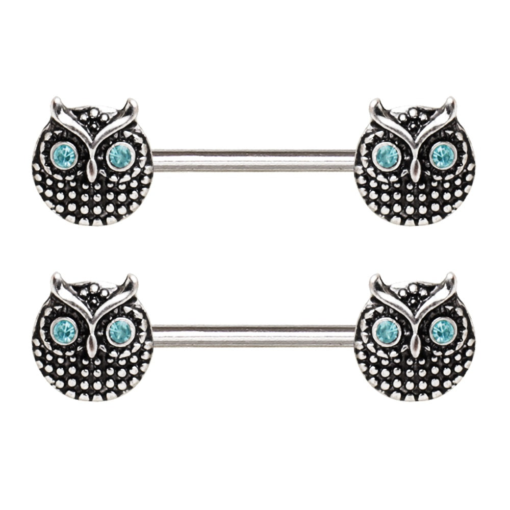 Blue Crystal Eye Owl Round Nipple Barbells - Stainless Steel - Pair