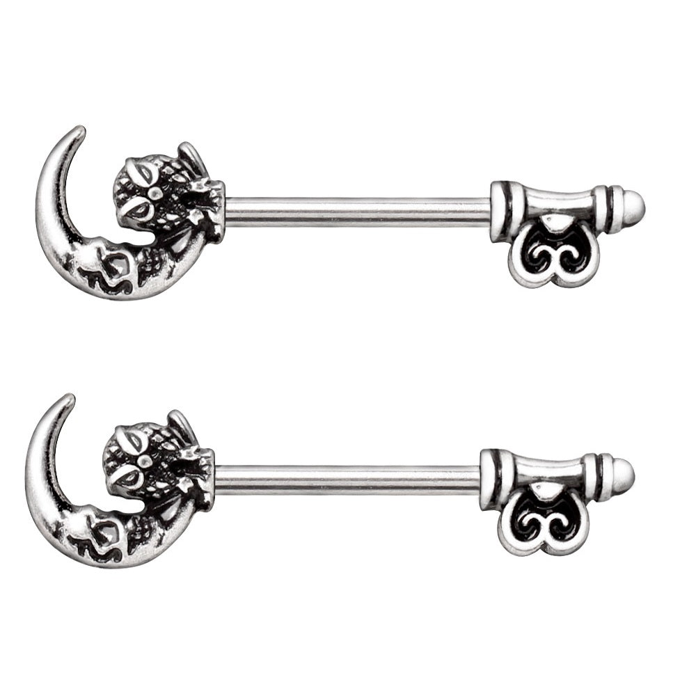 Gothic Owl and Moon Skeleton Key Nipple Bars - Stainless Steel - Pair