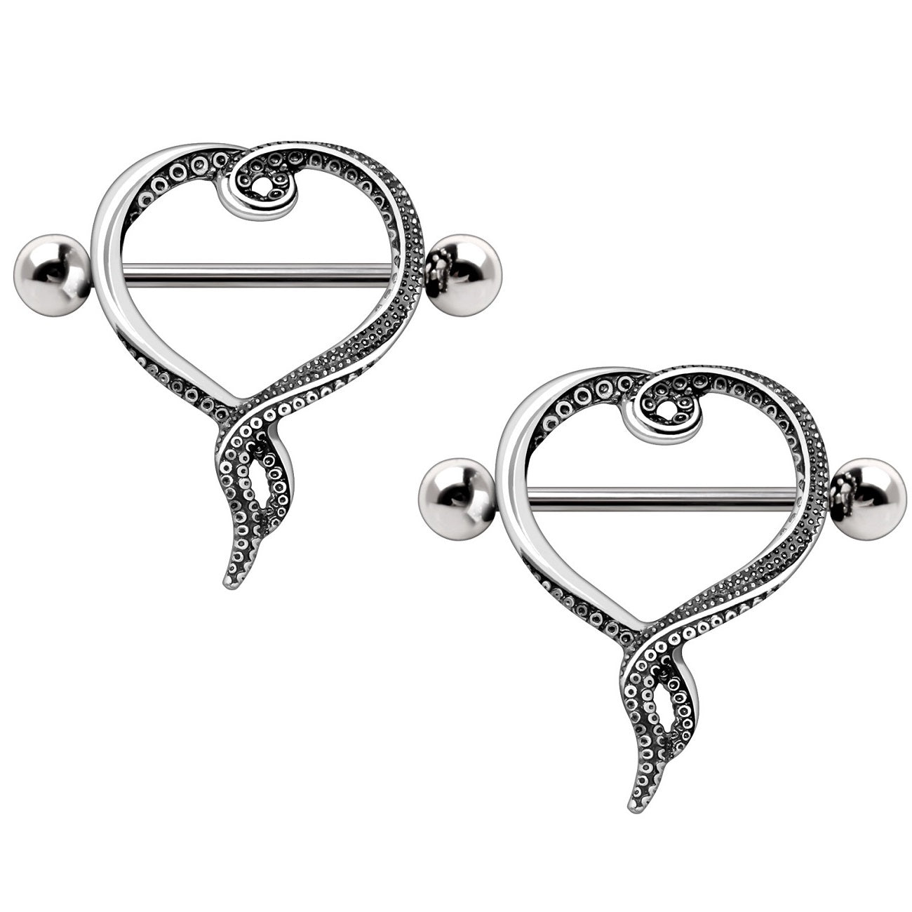 Octopus Tentacle Heart Nipple Shield Barbells - Stainless Steel - Pair