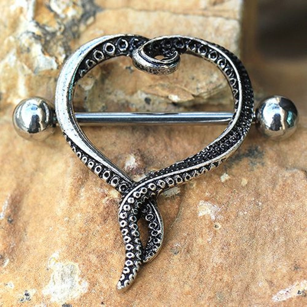 Octopus Tentacle Heart Nipple Shield Barbells - Stainless Steel - Pair