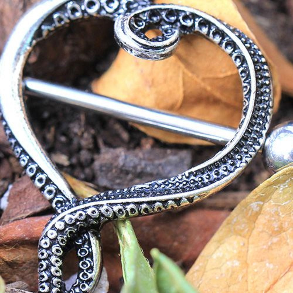 Octopus Tentacle Heart Nipple Shield Barbells - Stainless Steel - Pair
