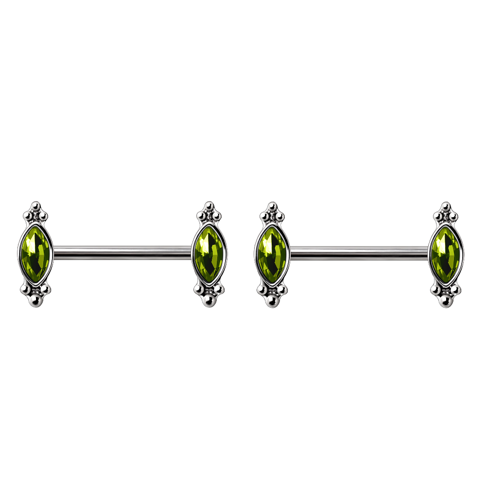 Green Ornate CZ Crystal Nipple Barbells - 316L Stainless Steel - Pair