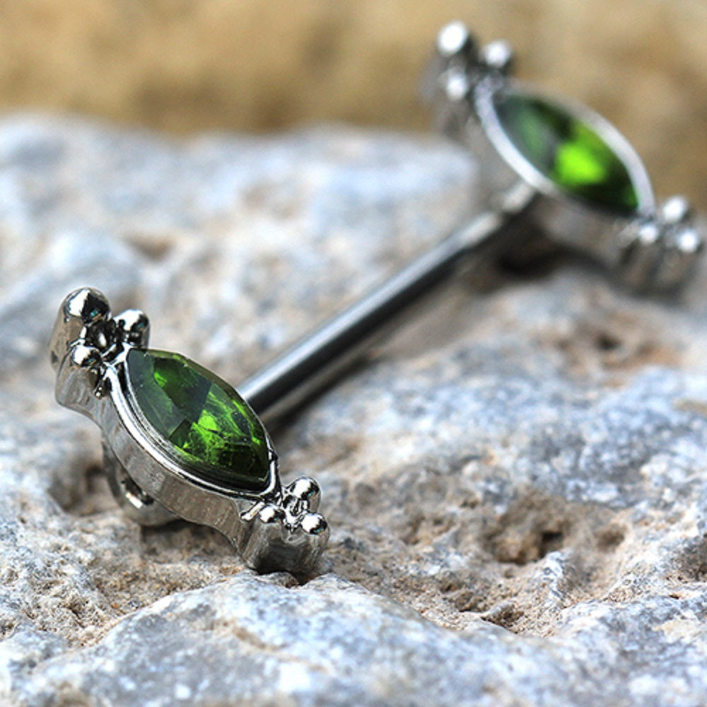 Green Ornate CZ Crystal Nipple Barbells - 316L Stainless Steel - Pair