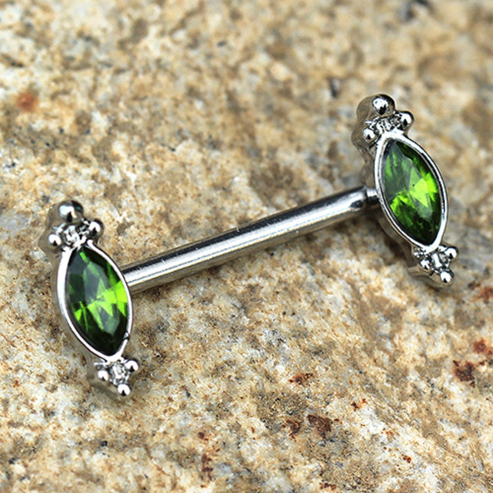 Green Ornate CZ Crystal Nipple Barbells - 316L Stainless Steel - Pair