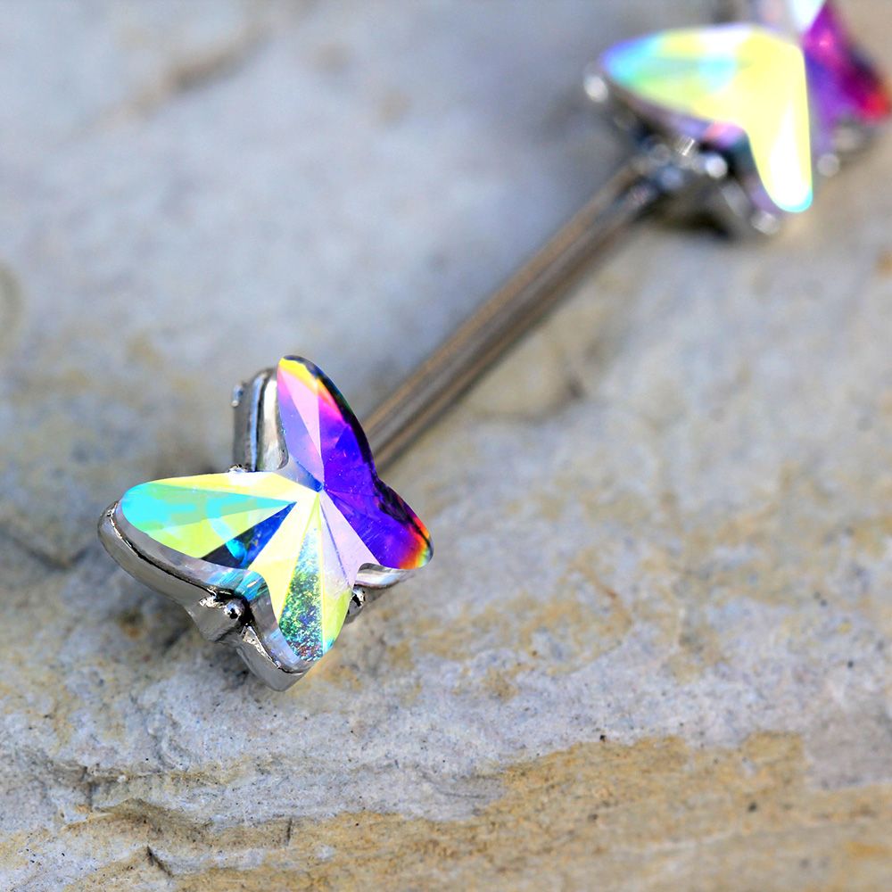Crystal Aurora Borealis Butterfly Nipple Barbells - Stainless Steel - Pair