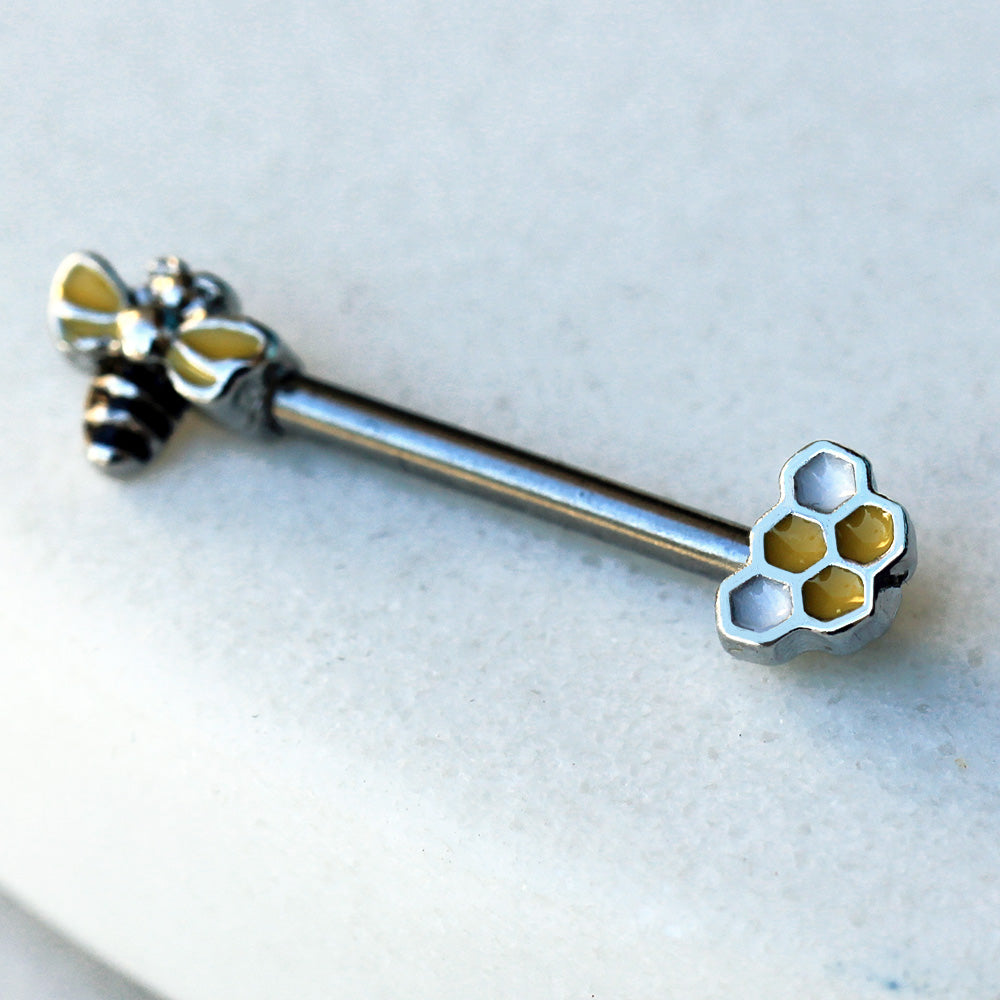 Bee and Honeycomb Nipple Barbells - 316L Stainless Steel - Pair