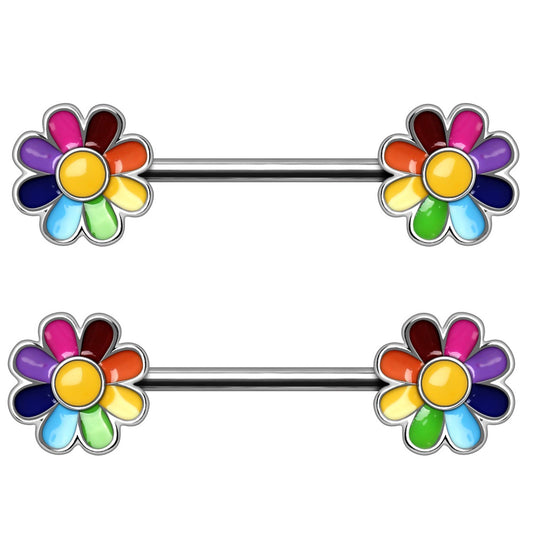 Rainbow Flower Nipple Barbells - Stainless Steel - Pair