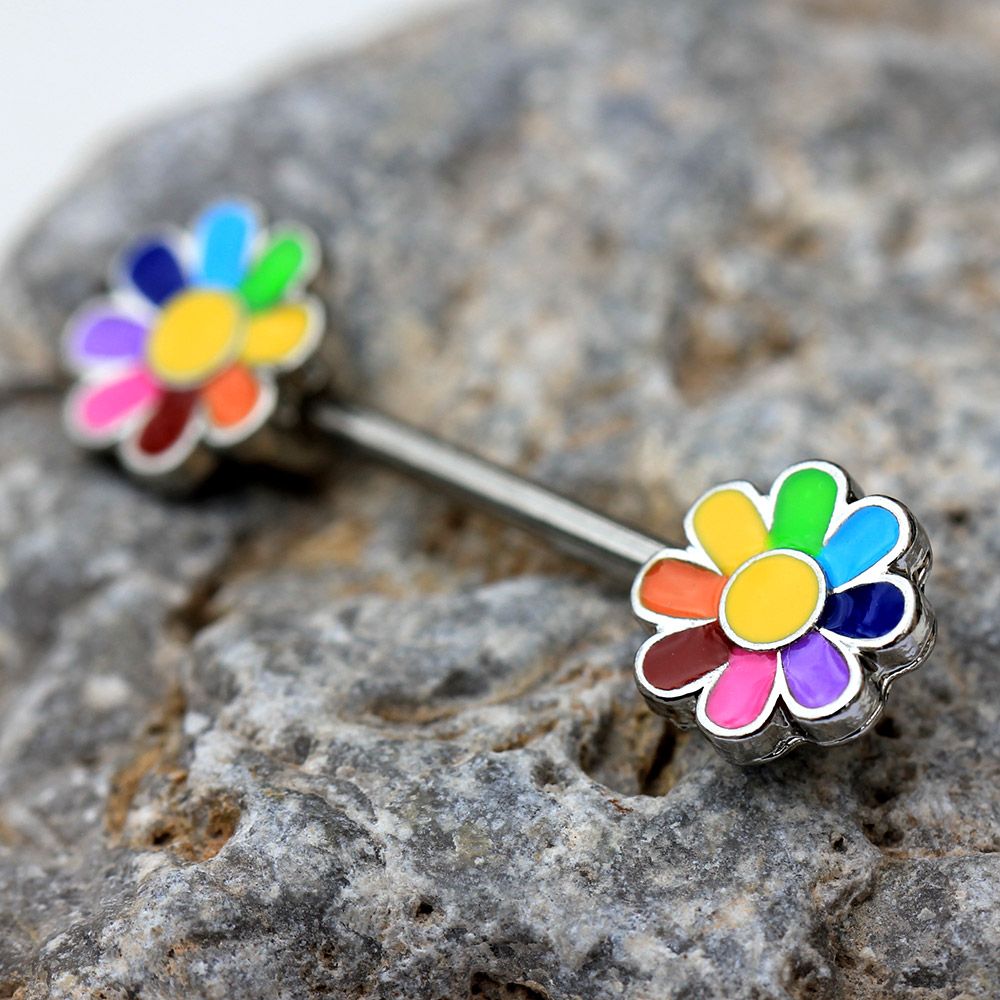 Rainbow Flower Nipple Barbells - Stainless Steel - Pair