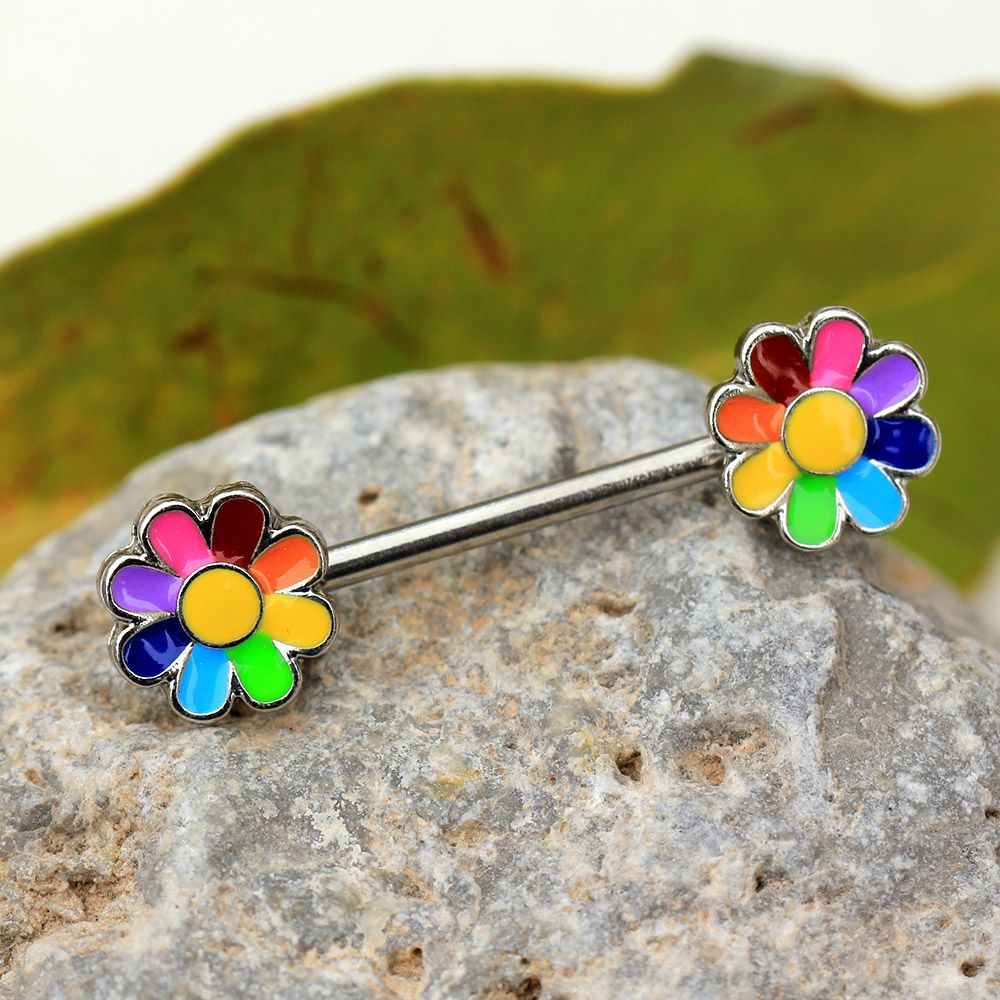 Rainbow Flower Nipple Barbells - Stainless Steel - Pair