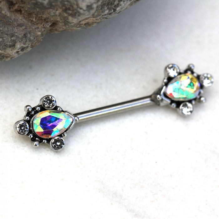 Vintage Ornate Teardrop design with CZs Nipple Barbells - 316L Stainless Steel - Pair