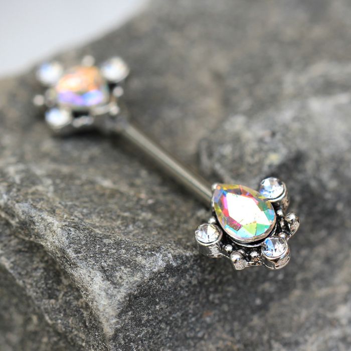 Vintage Ornate Teardrop design with CZs Nipple Barbells - 316L Stainless Steel - Pair