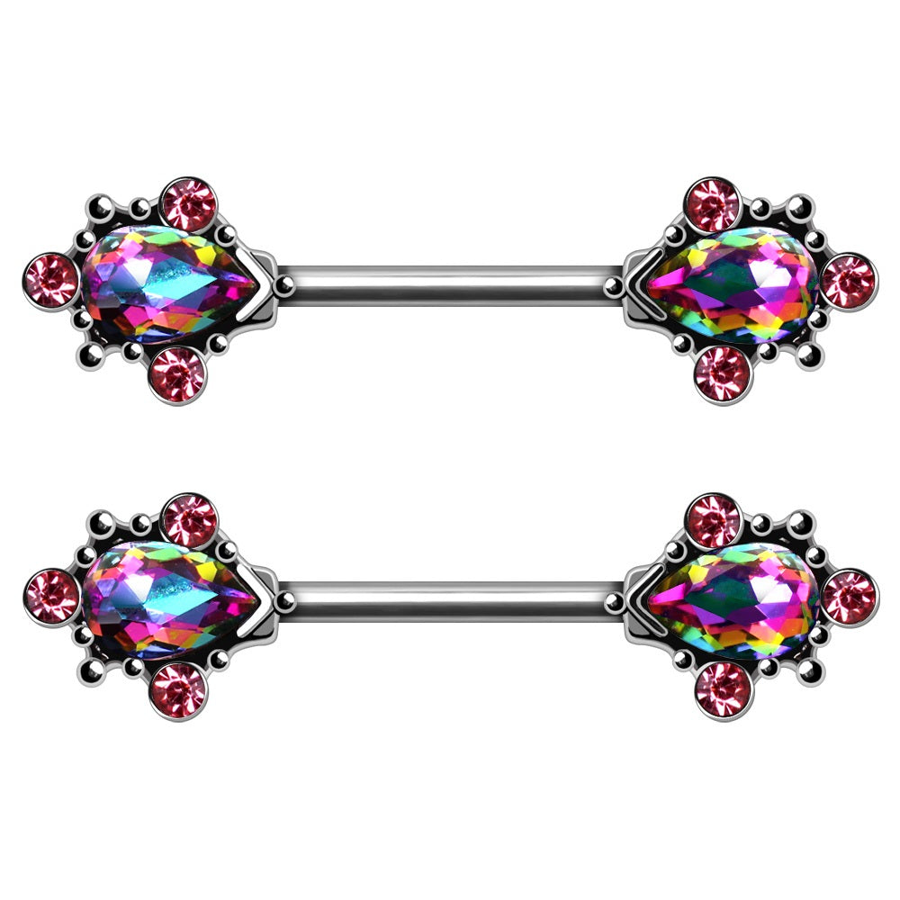 Vintage Ornate Teardrop design with CZs Nipple Barbells - 316L Stainless Steel - Pair