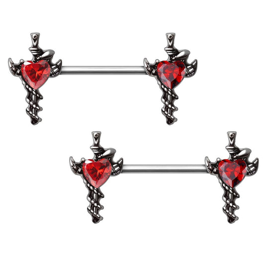 Sword and Snake with Red Heart Gem Nipple Barbells - 316L Stainless Steel - Pair