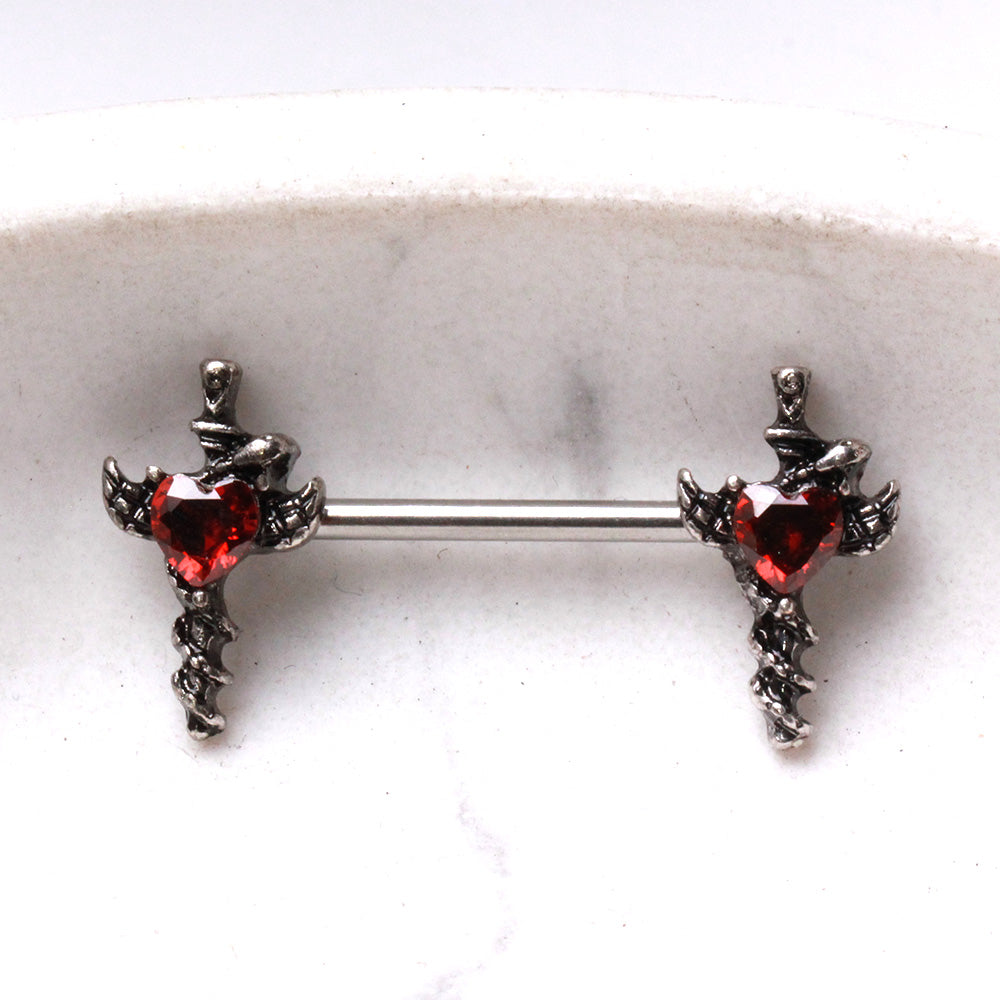 Sword and Snake with Red Heart Gem Nipple Barbells - 316L Stainless Steel - Pair