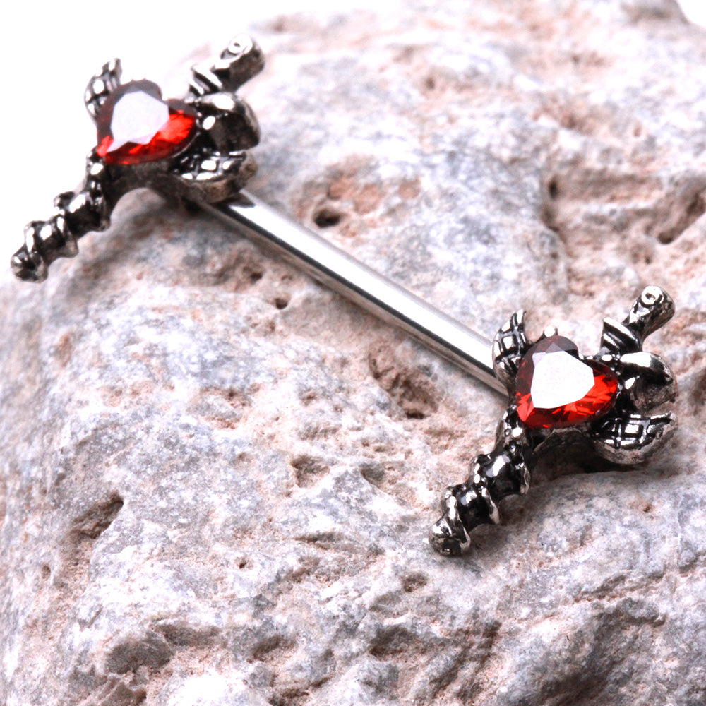 Sword and Snake with Red Heart Gem Nipple Barbells - 316L Stainless Steel - Pair