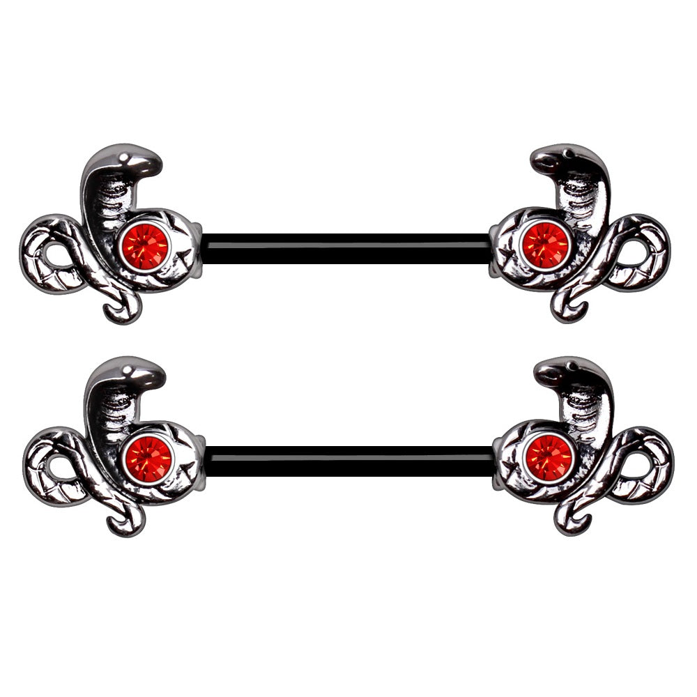 Striking Cobra Protecting Ruby Red CZ Black PVD Plated Barbell Nipple Rings - 316L Stainless Steel - Pair