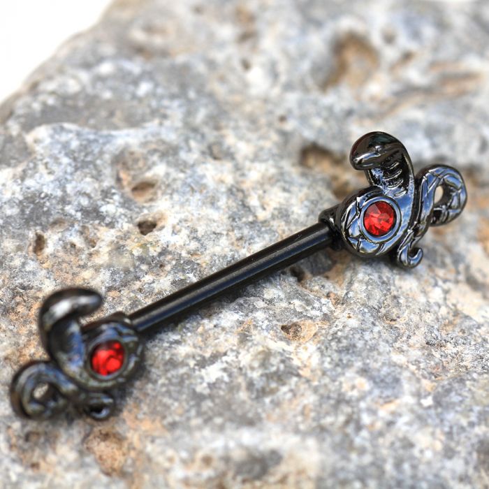 Striking Cobra Protecting Ruby Red CZ Black PVD Plated Barbell Nipple Rings - 316L Stainless Steel - Pair