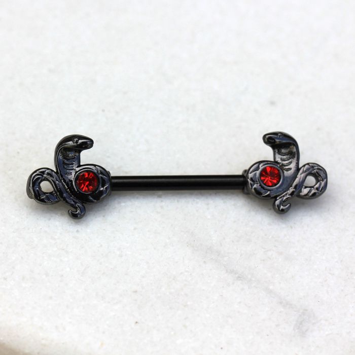 Striking Cobra Protecting Ruby Red CZ Black PVD Plated Barbell Nipple Rings - 316L Stainless Steel - Pair