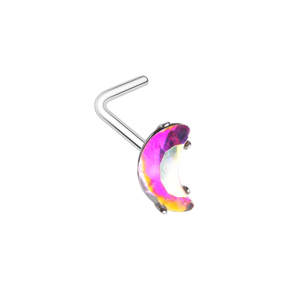 Crescent Moon Shaped Gem L-Bend Nose Stud - Stainless Steel