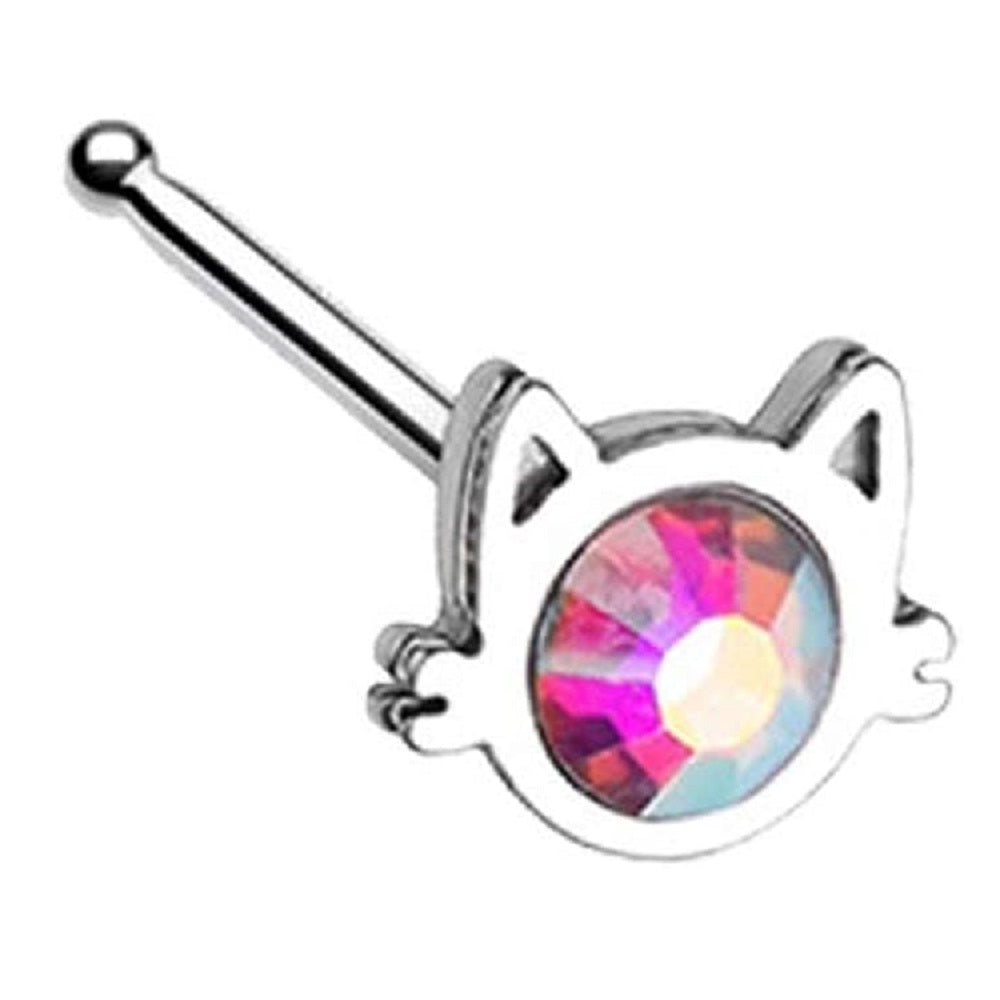 Aurora Borealis CZ Crystal Cat Face Nose Bone Stud - Stainless Steel