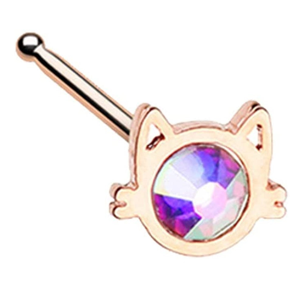 Aurora Borealis CZ Crystal Cat Face Nose Bone Stud - Stainless Steel