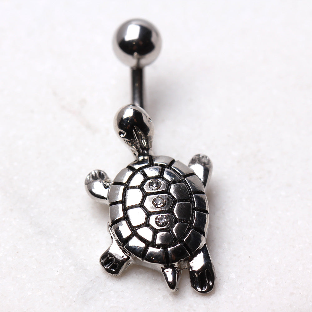 Gemmed Turtle Belly Button Ring in with CZ Crystal Accents - 316L Stainless Steel