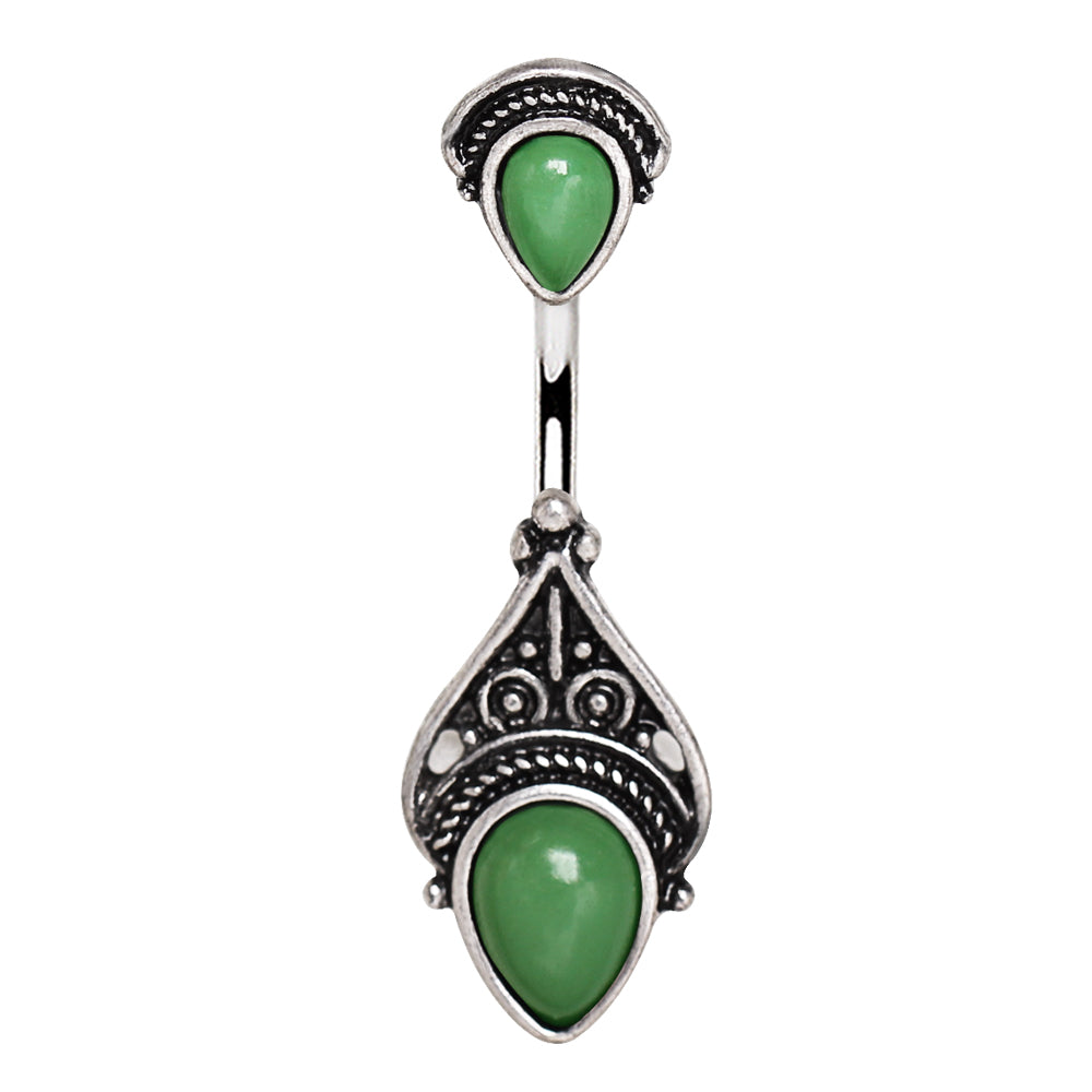Antique Victorian Design Synthetic Jade Stone Belly Button Ring - 316L Stainless Steel