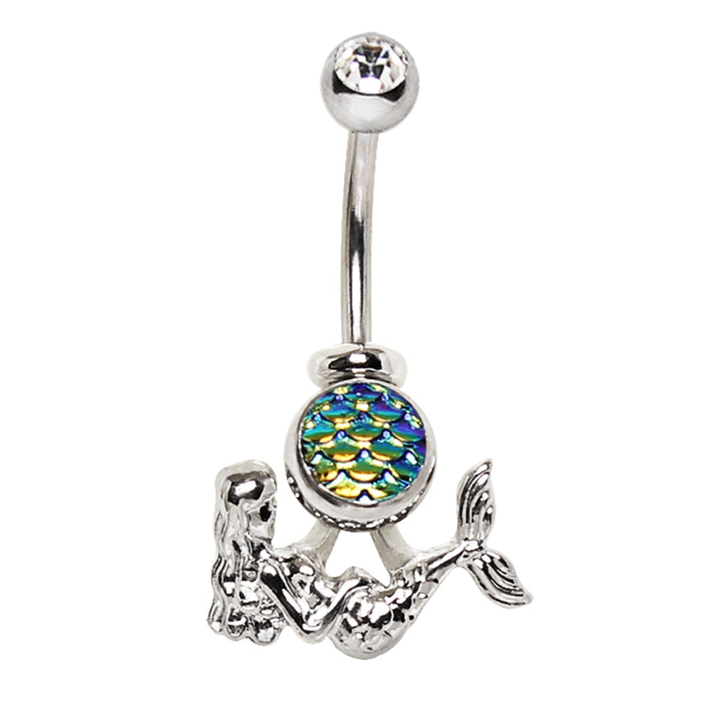 CZ Crystal and Fish Scale Cabochon Mermaid Belly Button Ring - Stainless Steel