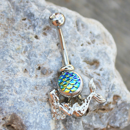 CZ Crystal and Fish Scale Cabochon Mermaid Belly Button Ring - Stainless Steel