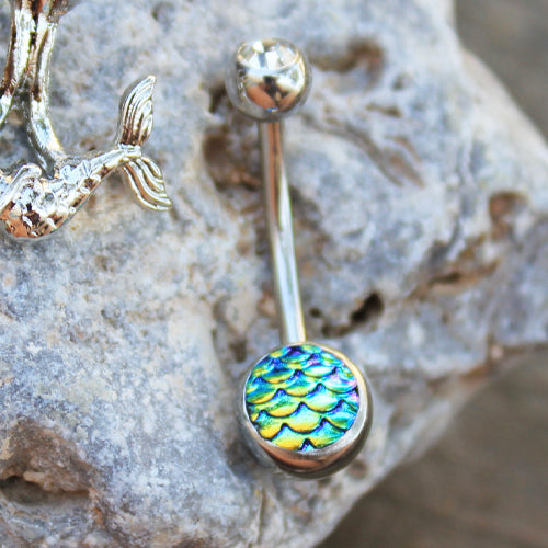 CZ Crystal and Fish Scale Cabochon Mermaid Belly Button Ring - Stainless Steel