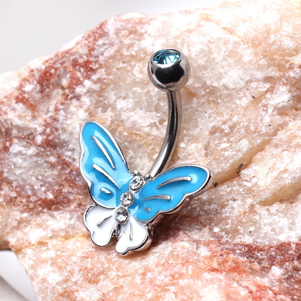 CZ Crystal Aqua Butterfly Belly Button Ring - 316L Stainless Steel