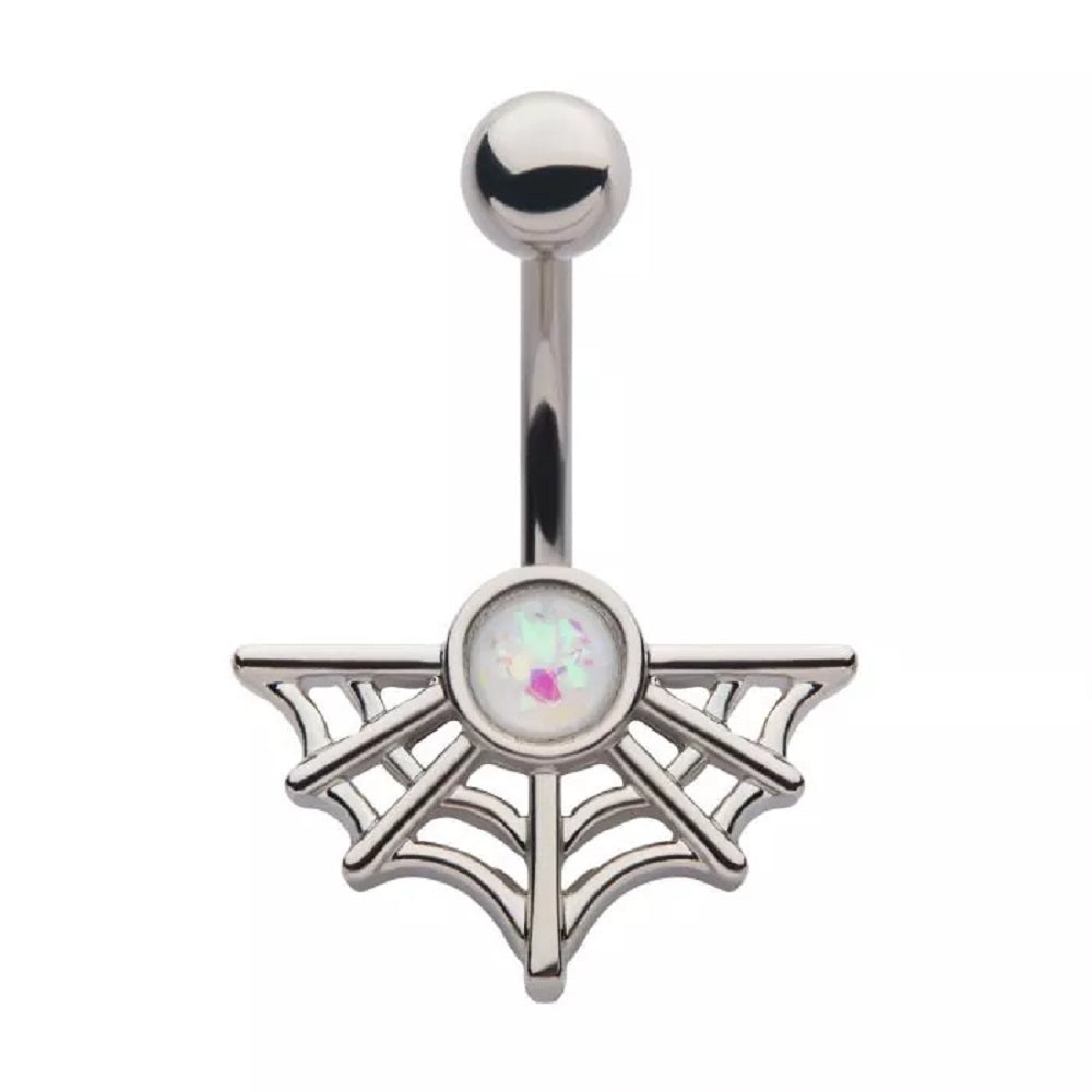 Spider Web with White Glitter Opal Belly Button Ring - 316L Stainless Steel