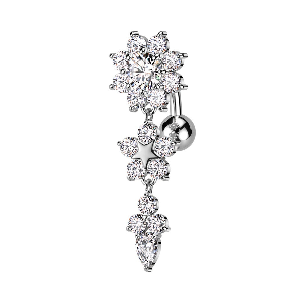 CZ Crystal Double Flower Top Drop Reverse Belly Button Ring - 316L Stainless Steel