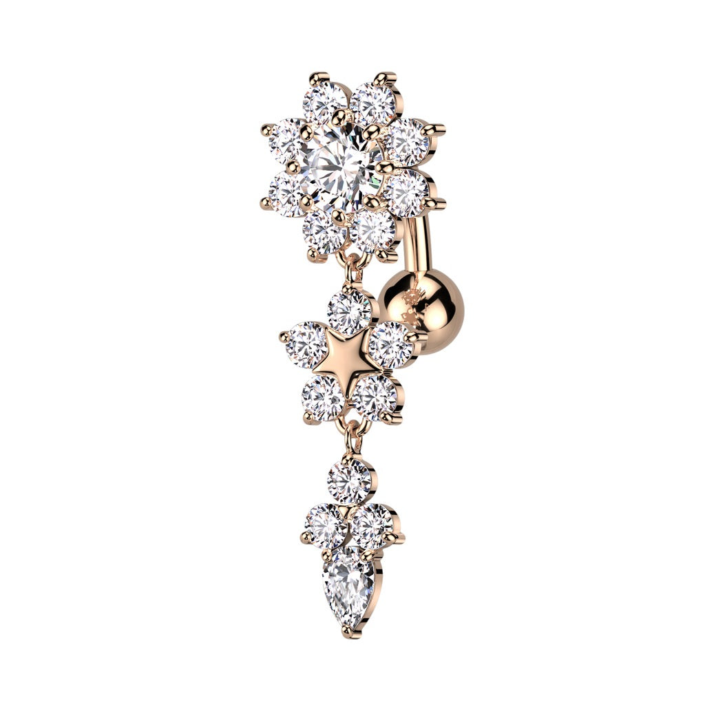 CZ Crystal Double Flower Top Drop Reverse Belly Button Ring - 316L Stainless Steel