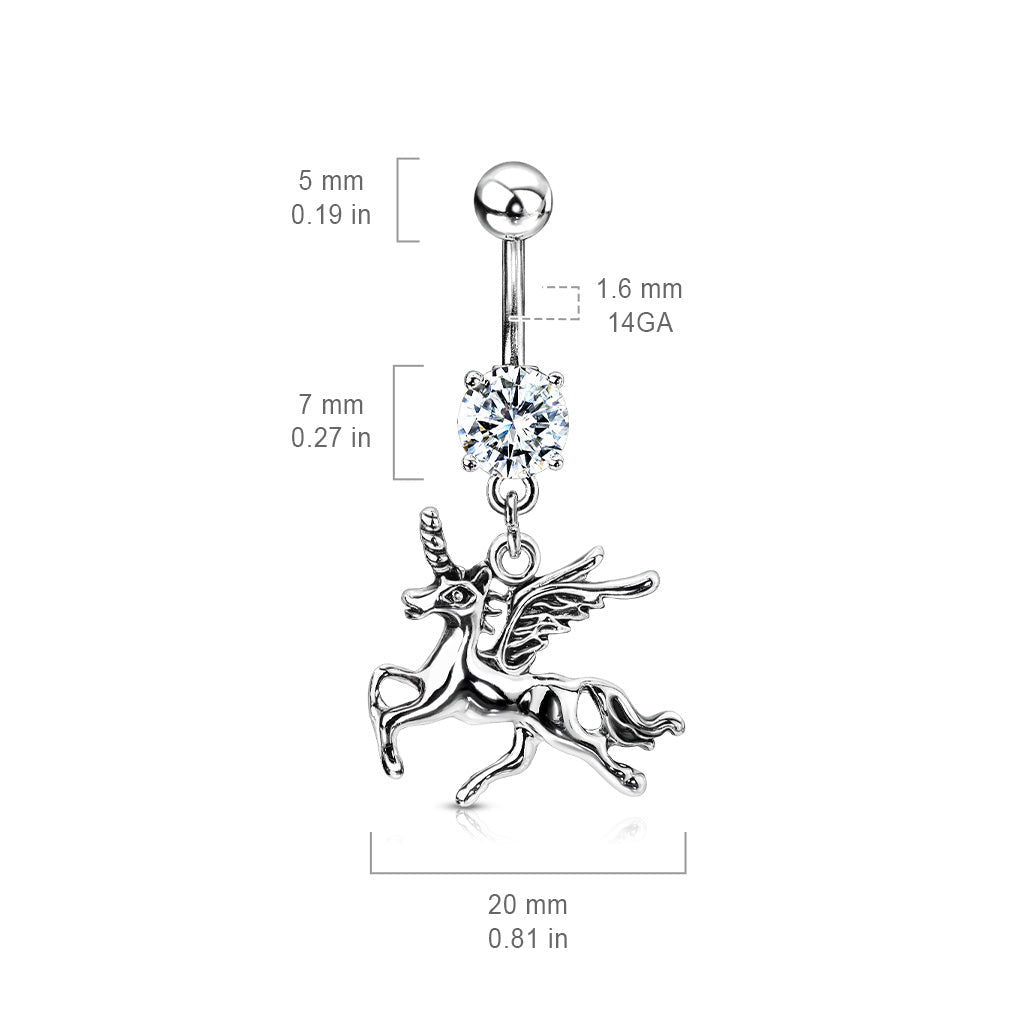 Winged Unicorn Charm Dangle Belly Button Ring - 316L Stainless Steel
