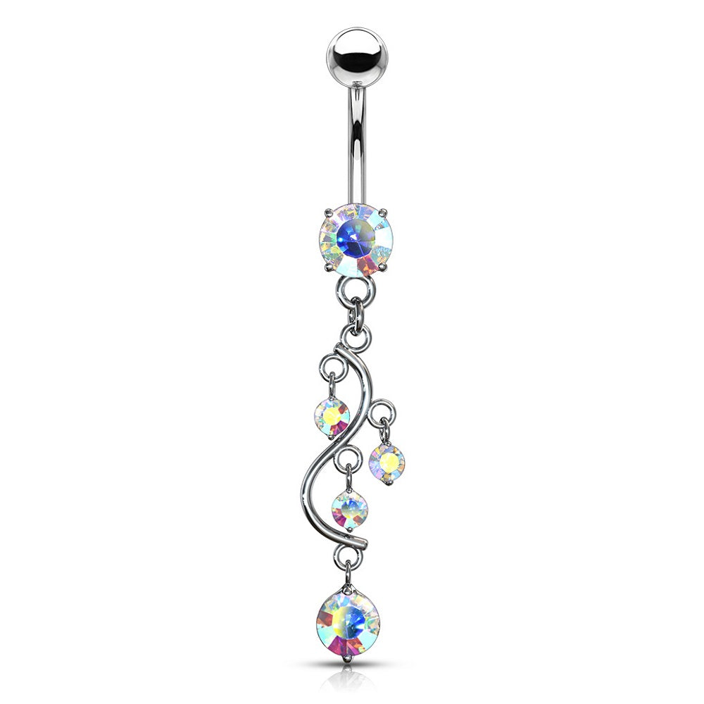 Cascading CZ Crystal Vine Dangling Belly Button Ring - Stainless Steel