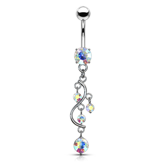 Cascading CZ Crystal Vine Dangling Belly Button Ring - Stainless Steel