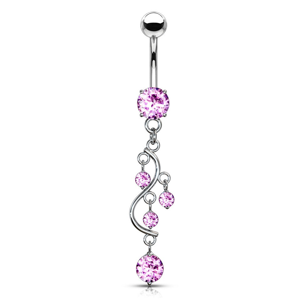 Cascading CZ Crystal Vine Dangling Belly Button Ring - Stainless Steel