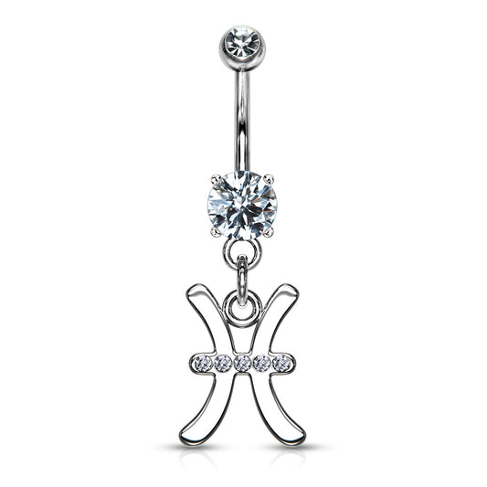 CZ Crystal Zodiac Sign Dangling Belly Button Ring - 316L Stainless Steel