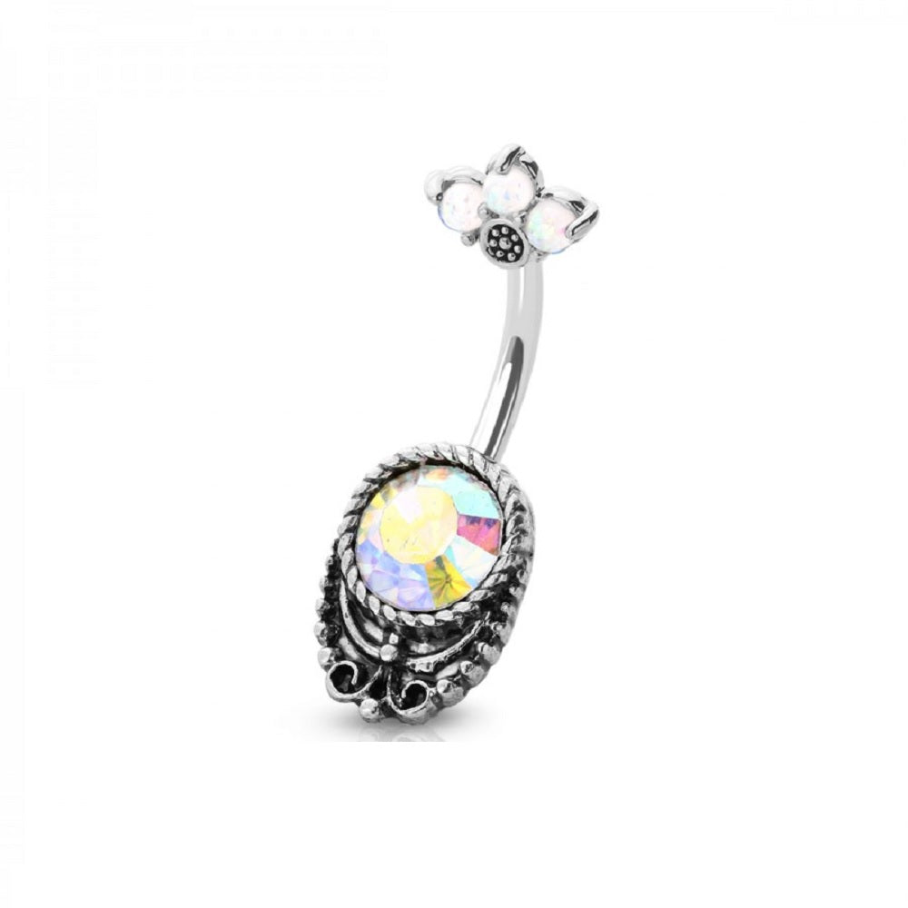 Synthetic Opal Flower Petal Top Belly Button Ring - Stainless Steel