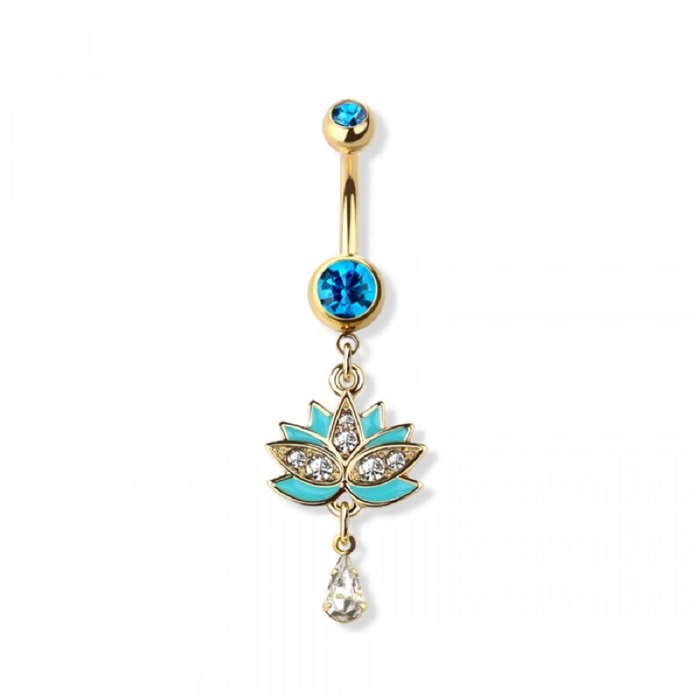 Teal Crystal Lotus Flower Dangling Belly Button Ring - Gold Plated Stainless Steel