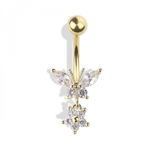 Golden Butterfly with Dangling Flower Belly Button Ring - Stainless Steel