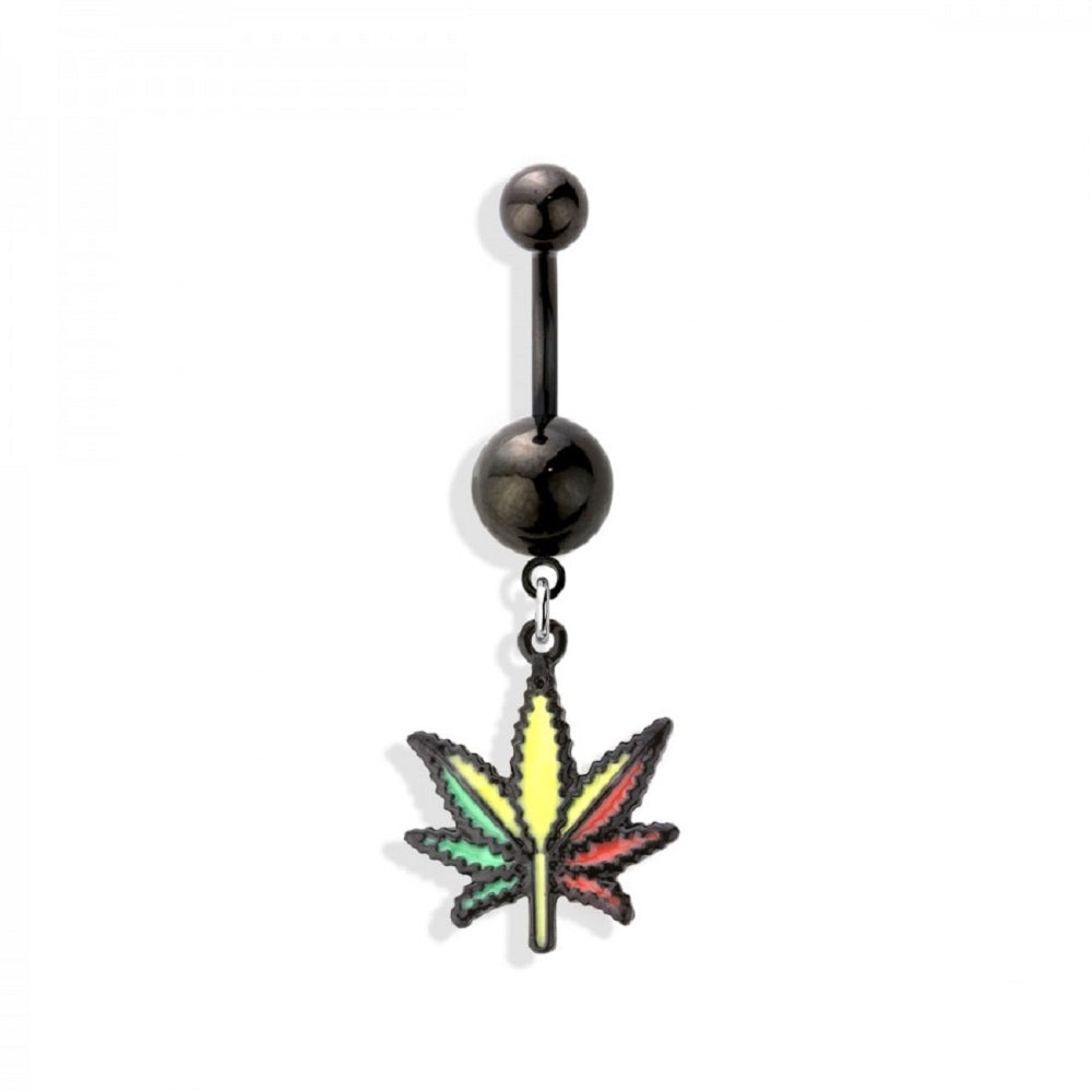 Rasta CBD Marijuana Hemp Leaf Dangle Belly Button Ring - 316L Stainless Steel