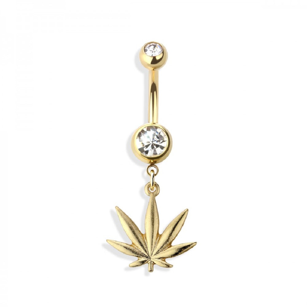 Double Jeweled Marijuana CBD Hemp Leaf Dangle Belly Button Ring
- 316L Stainless Steel